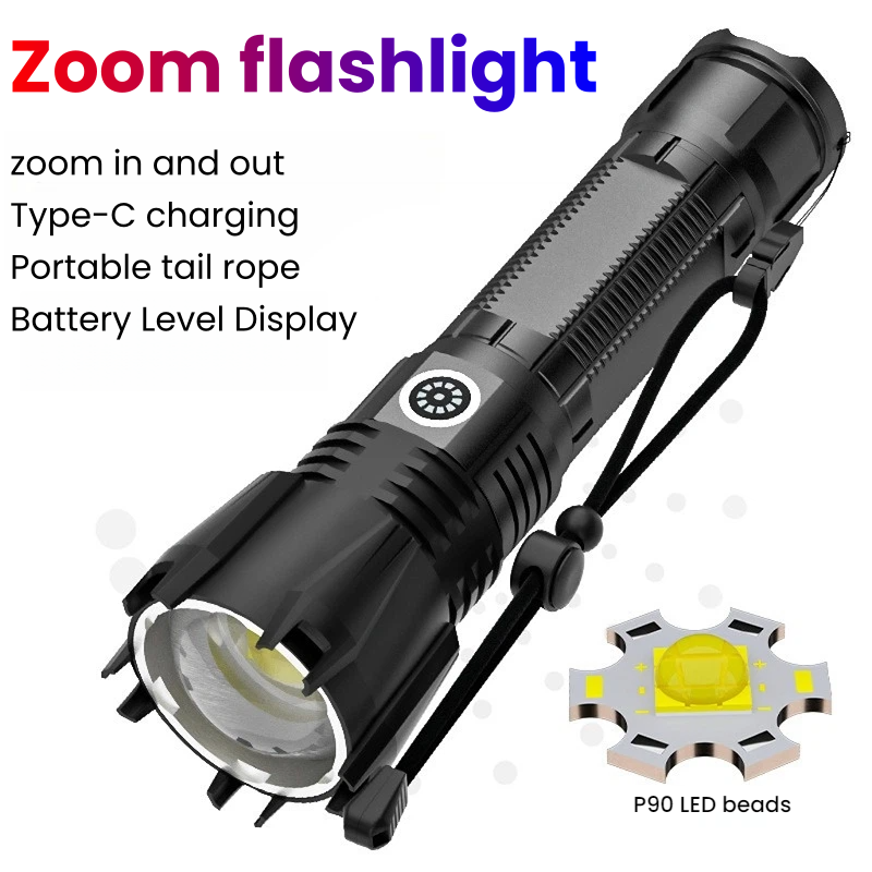 Hunting Outdoors - Hochleistungs-P90-LED-Taschenlampe, wiederaufladbar, mit TYPE-C-Anschluss, Zoom-Spotlight, wasserdicht,